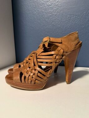 Barneys New York Co-Op Brown Woven Leather Platform 4” Cone Heel Size 37 (7)